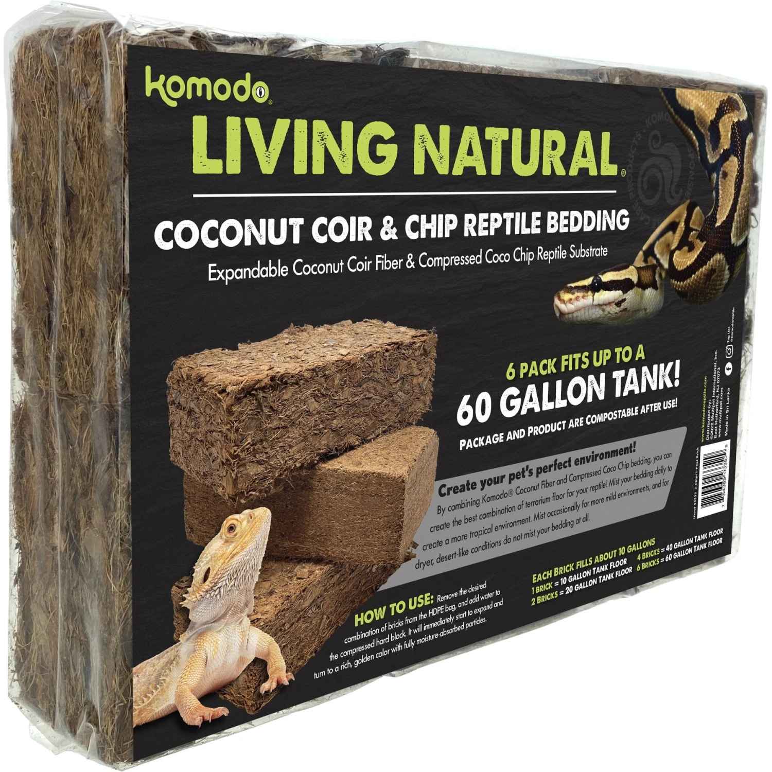 Komodo Coir Chips & Peat Reptile Bedding Variety Pack, Brown, 6 Count, 60-gal 3 Komodo Coir Chips & Peat Reptile Bedding Variety Pack, Brown, 6 Count, 60-gal